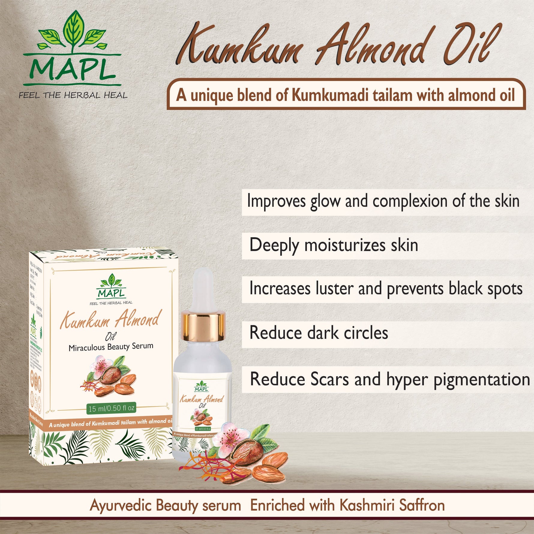 MAPL Kumkum Almond Oil | Ayurvedic Face Oil with Saffron & Almond | Enhances Glow, Skin Tone & Radiance | 15 ml