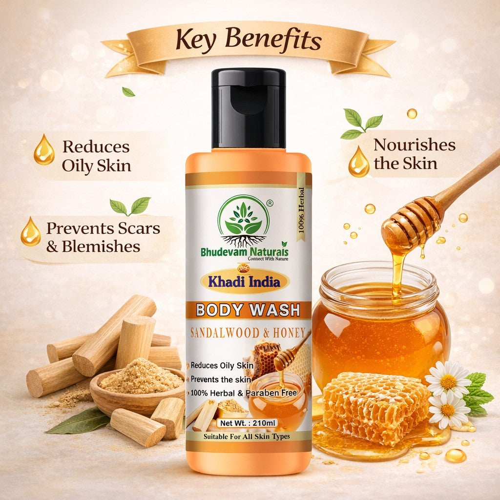 Bhudevam Naturals Khadi Sandalwood Honey Shower Gel, Natural Body Wash for Soft, Smooth & Healthy Skin- 210ML