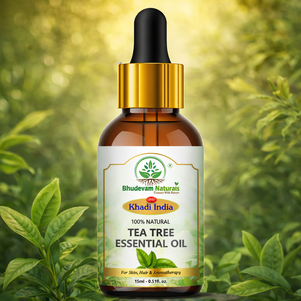 Bhudevam Naturals Khadi Tea Tree Essential Oil for Acne, Pimples, Skin Care, Hair Care, Dandruff Control, Aromatherapy & Diffuser- 15ml