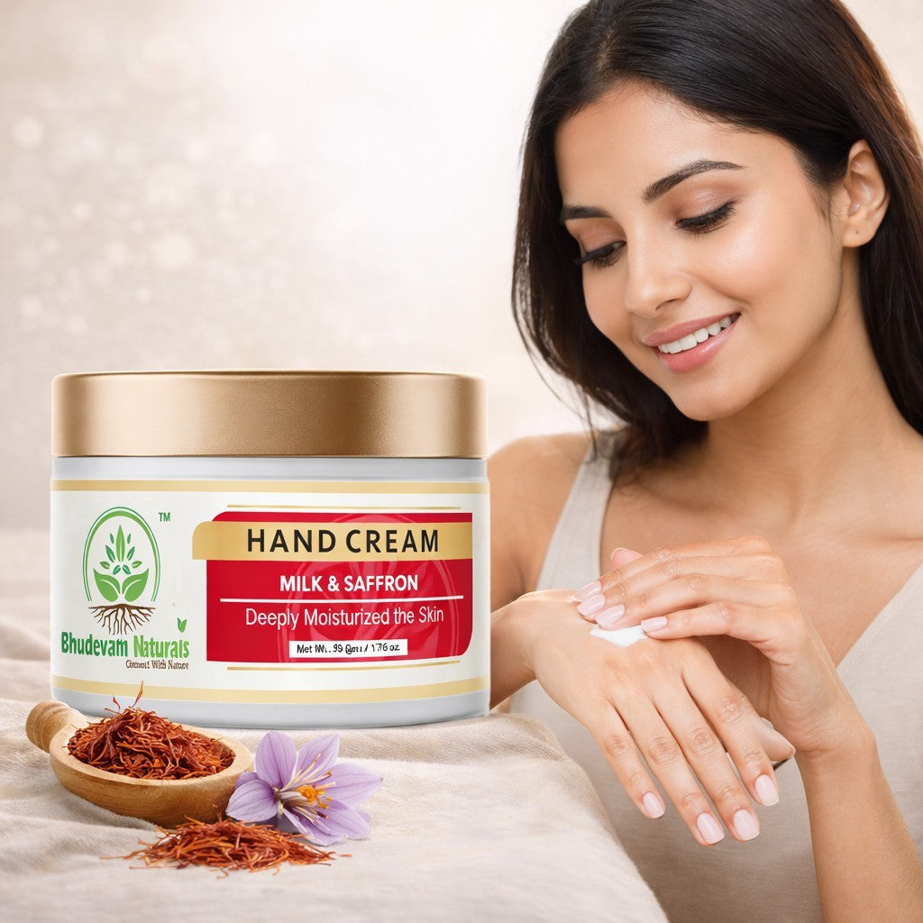 Bhudevam Naturals Khadi Milk & Saffron Hand Cream – Deep Moisturizing & Skin Brightening Hand Care Cream- 50GM