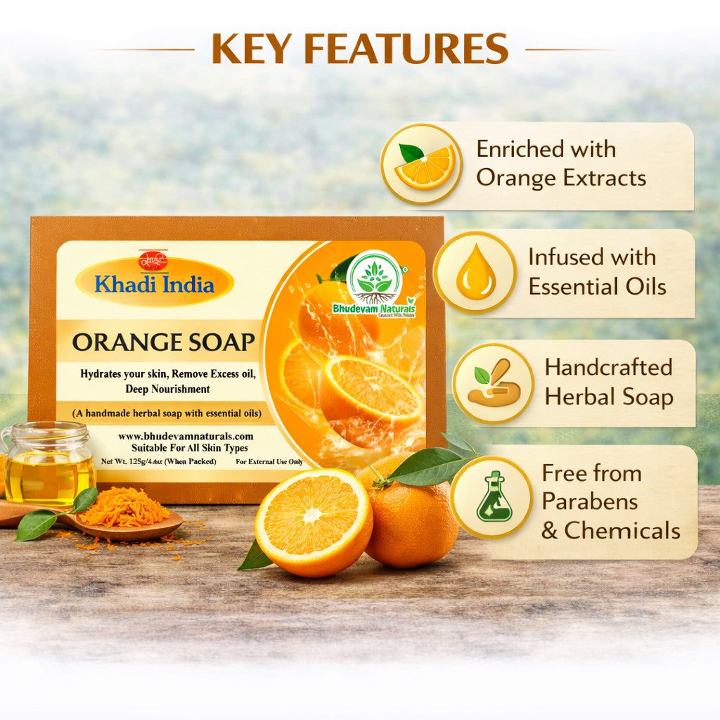 Bhudevam Naturals Khadi Orange Soap with Vitamin C – Skin Brightening & Refreshing Bath Bar- 500GM (Pack of 4)