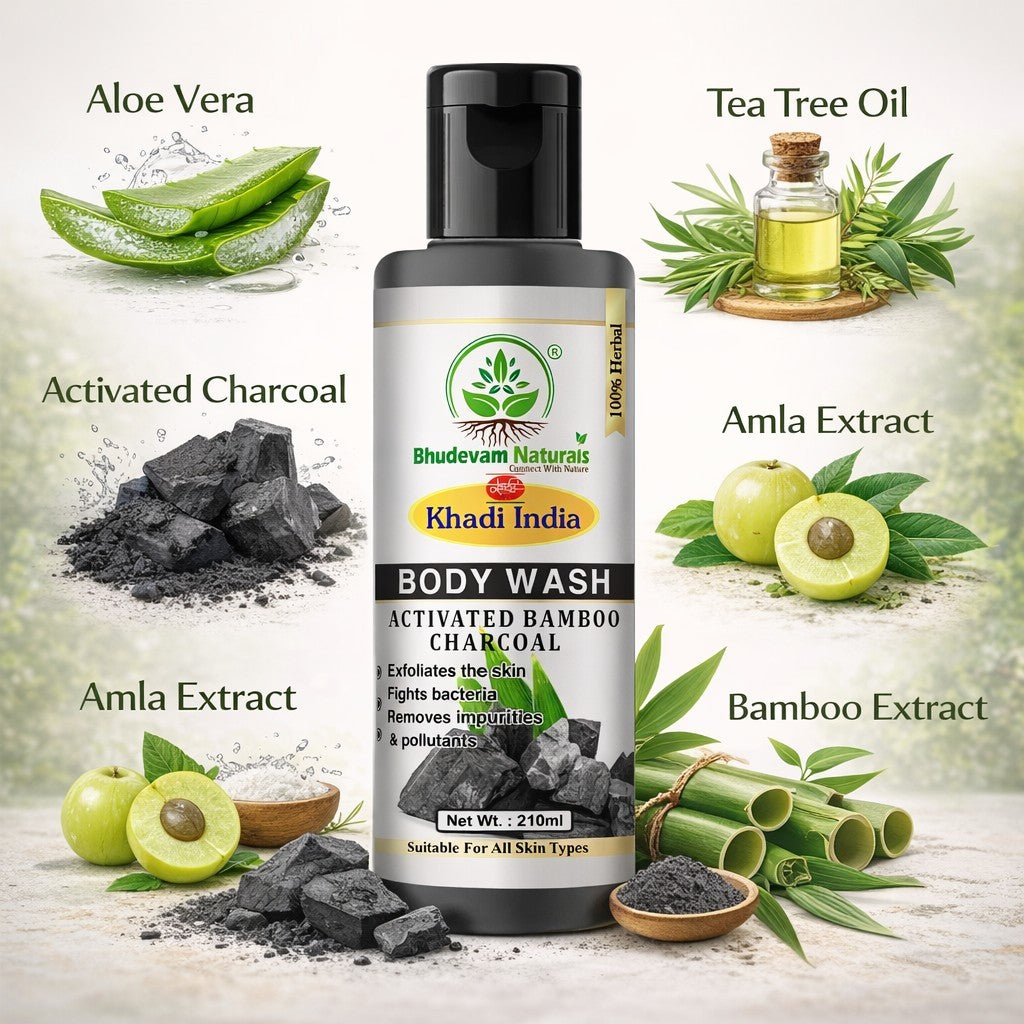 Bhudevam Naturals Khadi Bamboo Charcoal Body Wash – Skin Detox & Oil Control Shower Gel- 210ML