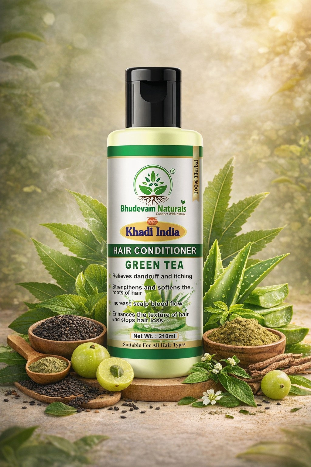 Bhudevam Naturals Khadi Green Tea Aloe Vera Conditioner – Strengthening & Moisturizing Hair Care Formula- 420ML (Pack of 2)