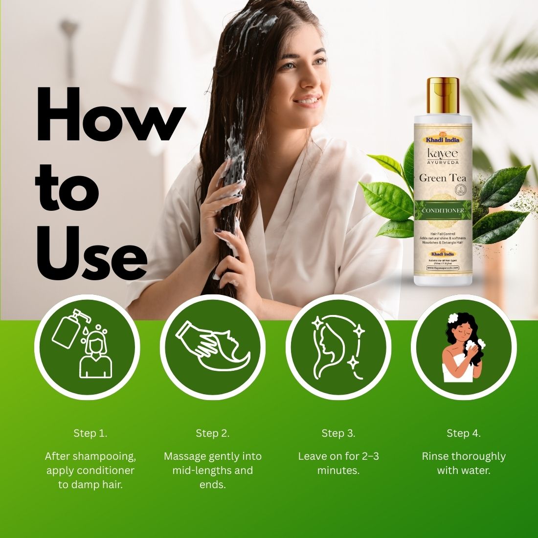 Kayee Ayurveda Green Tea Conditioner for Dry & Frizzy Hair | Herbal Hair Conditioner with Green Tea for Deep Conditioning, Hair Nourishment, Softness, Smoothness, Detangling & Healthy-Looking Shine | 210 ml