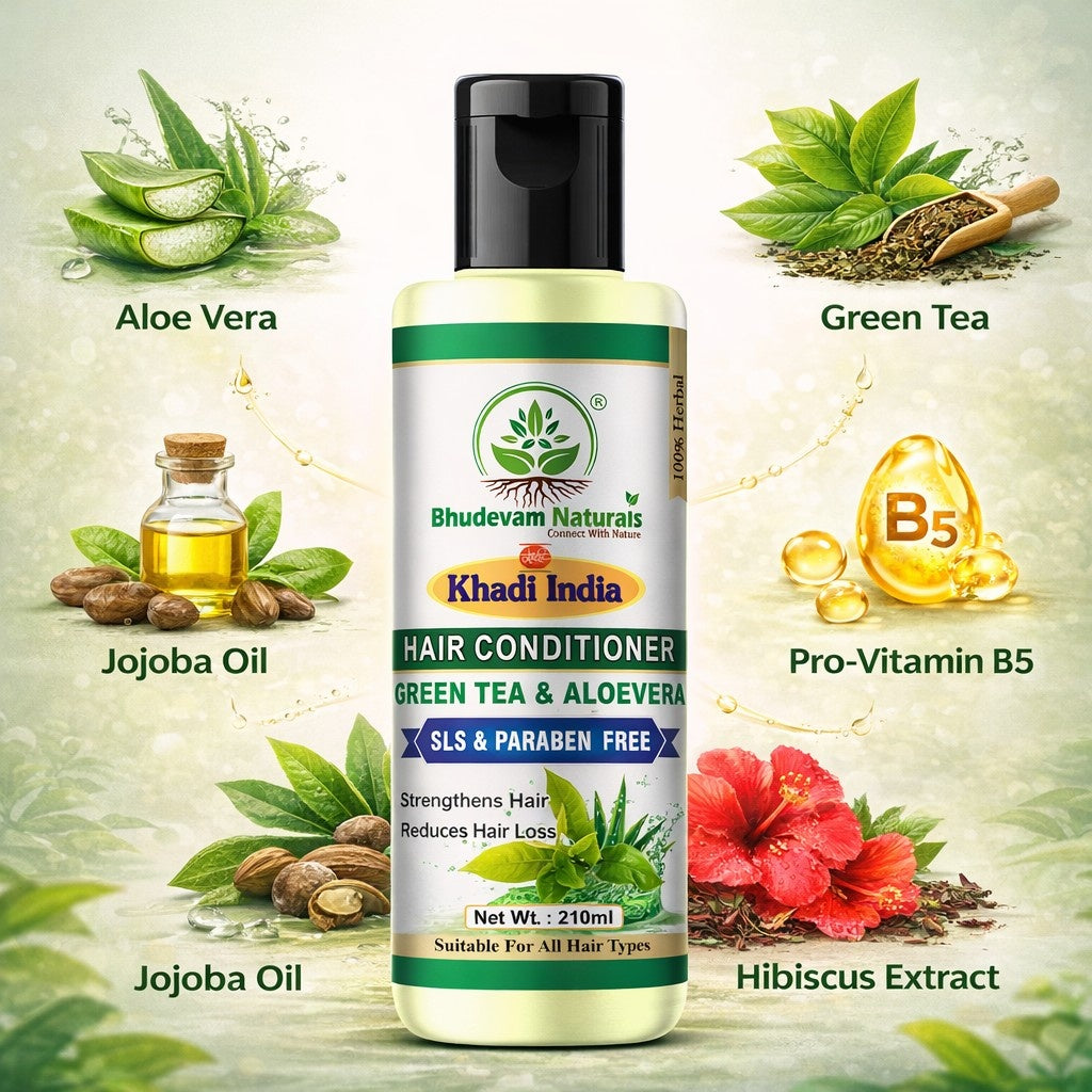 Bhudevam Naturals Khadi Green Tea Aloe Vera Hair Conditioner – Sulphate & Paraben Free Frizz Control Formula-210ML