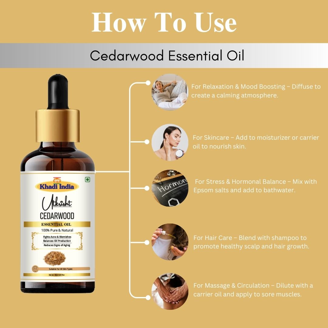 Khadi Cedarwood Essential Oil | Pure & Natural Cedarwood Oil for Hair & Scalp Care | Essential Oil for Dandruff & Healthy-Looking Hair | Scalp Care, Massage & Aromatherapy Oil | 15 ml