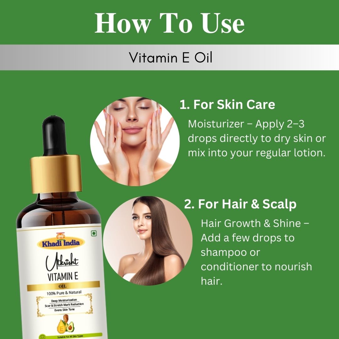 Khadi Vitamin E Essential Oil | Pure & Natural Vitamin E Oil for Face, Skin & Hair Care | Moisturising Oil for Soft, Smooth & Glowing-Looking Skin | Hair Nourishing & Wellness Oil | 15 ml