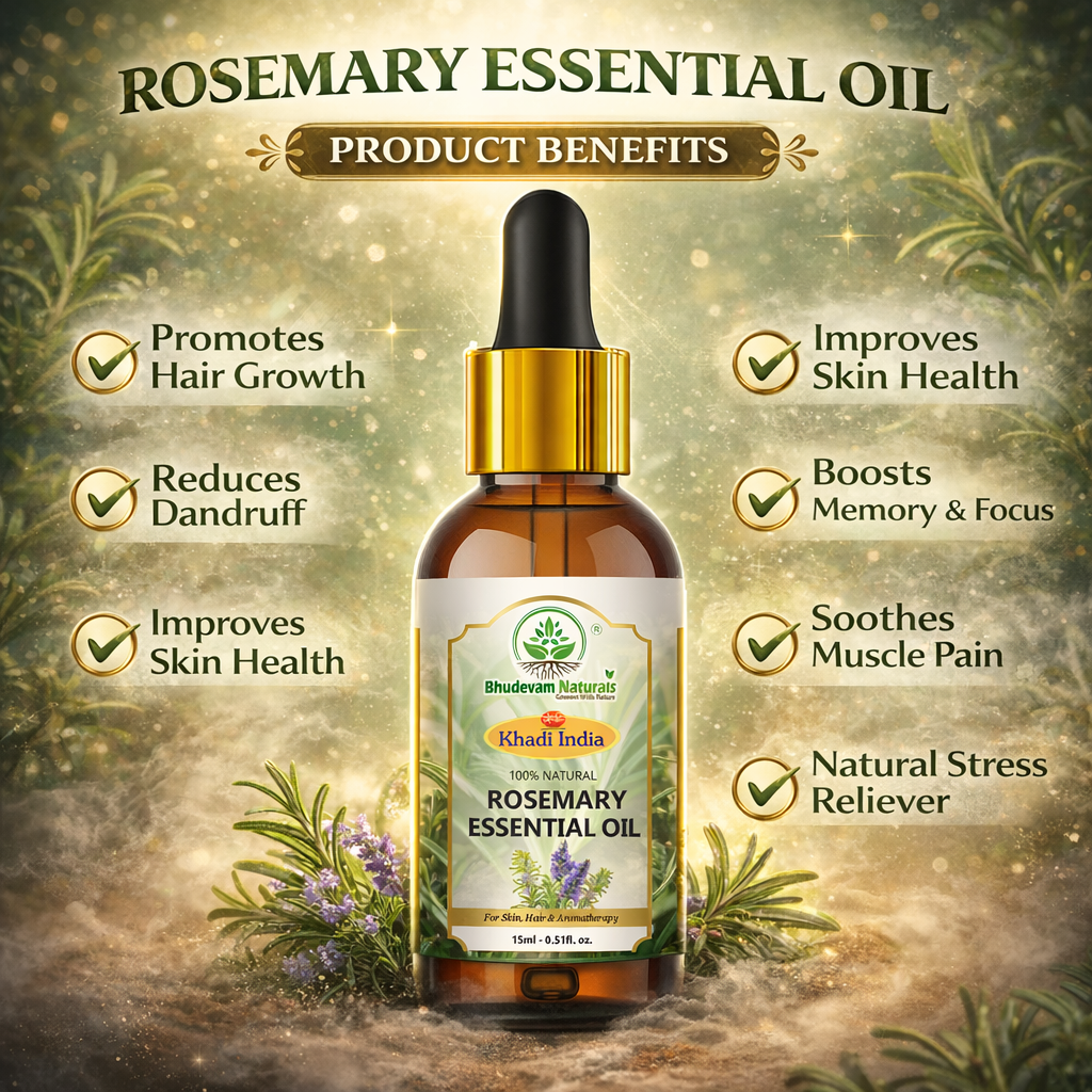 Bhudevam Naturals Khadi Rosemary Essential Oil for Hair Growth, Anti Hair Fall, Aromatherapy, Diffuser & Skin Care -15ml