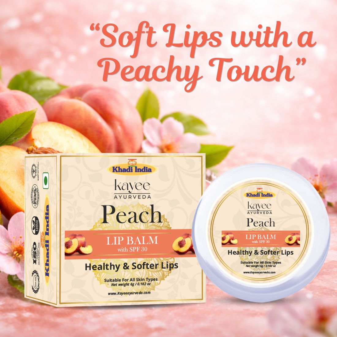 Kayee Ayurveda Peach Lip Care Balm, Moisturizing Lip Balm for Dry & Chapped Lips, Helps Lock in Moisture and Maintain Soft, Supple & Smooth-Looking Lips, Daily Lip Care for Women & Men | 6 g