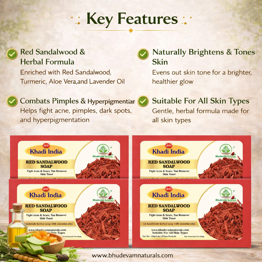 Bhudevam Naturals Khadi Red Sandalwood Soap For Natural Skin Brightening & Tan Removal Bath Soap - 500GM (Pack of 4)