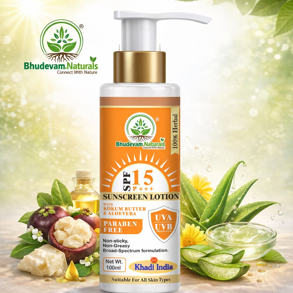 Bhudevam Naturals Khadi SPF 15 Sunblock Lotion for Face & Body | Daily UV Protection Moisturizing Sunscreen- 100ML