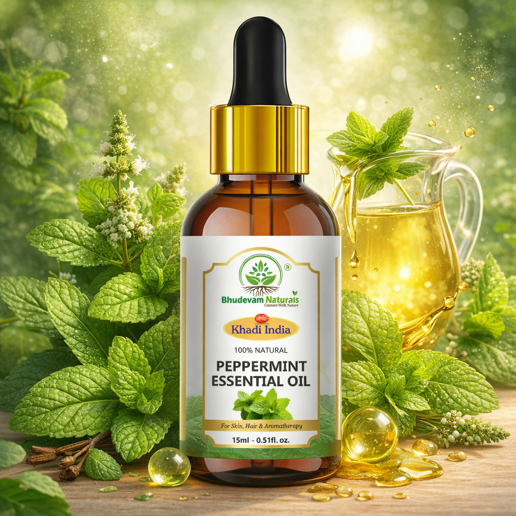 Bhudevam Naturals Khadi Peppermint Essential Oil for Hair Growth, Head Massage, Aromatherapy, Diffuser, Skin Care & Stress Relief- 15ml