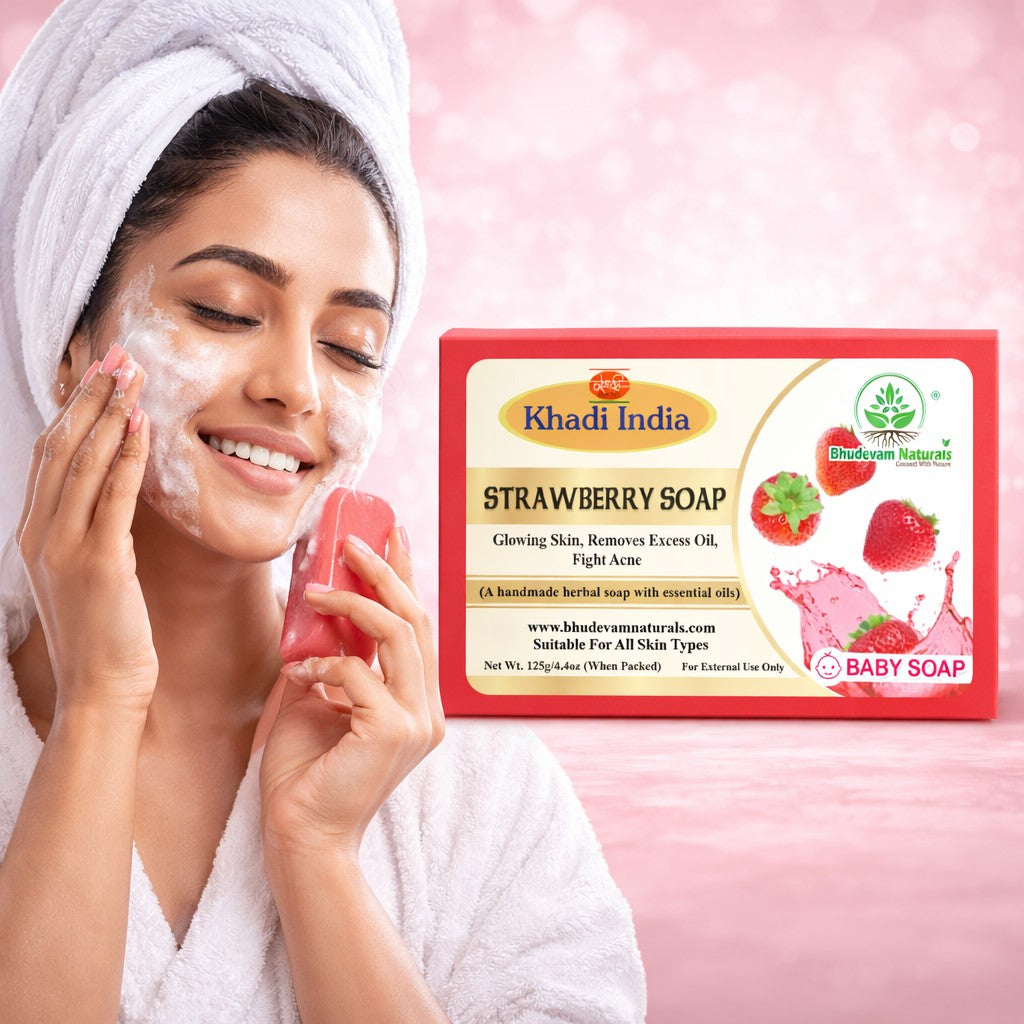 Bhudevam Naturals Khadi Strawberry Handmade Bath Soap for Soft, Smooth & Radiant Skin- 500GM (Pack of 4)