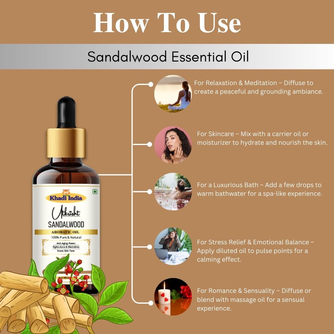 Khadi Sandalwood Essential Oil | Pure & Natural Sandalwood Oil for Face & Skin Care | Herbal Essential Oil for Aromatherapy, Relaxation & Glowing-Looking Skin | 15 ml