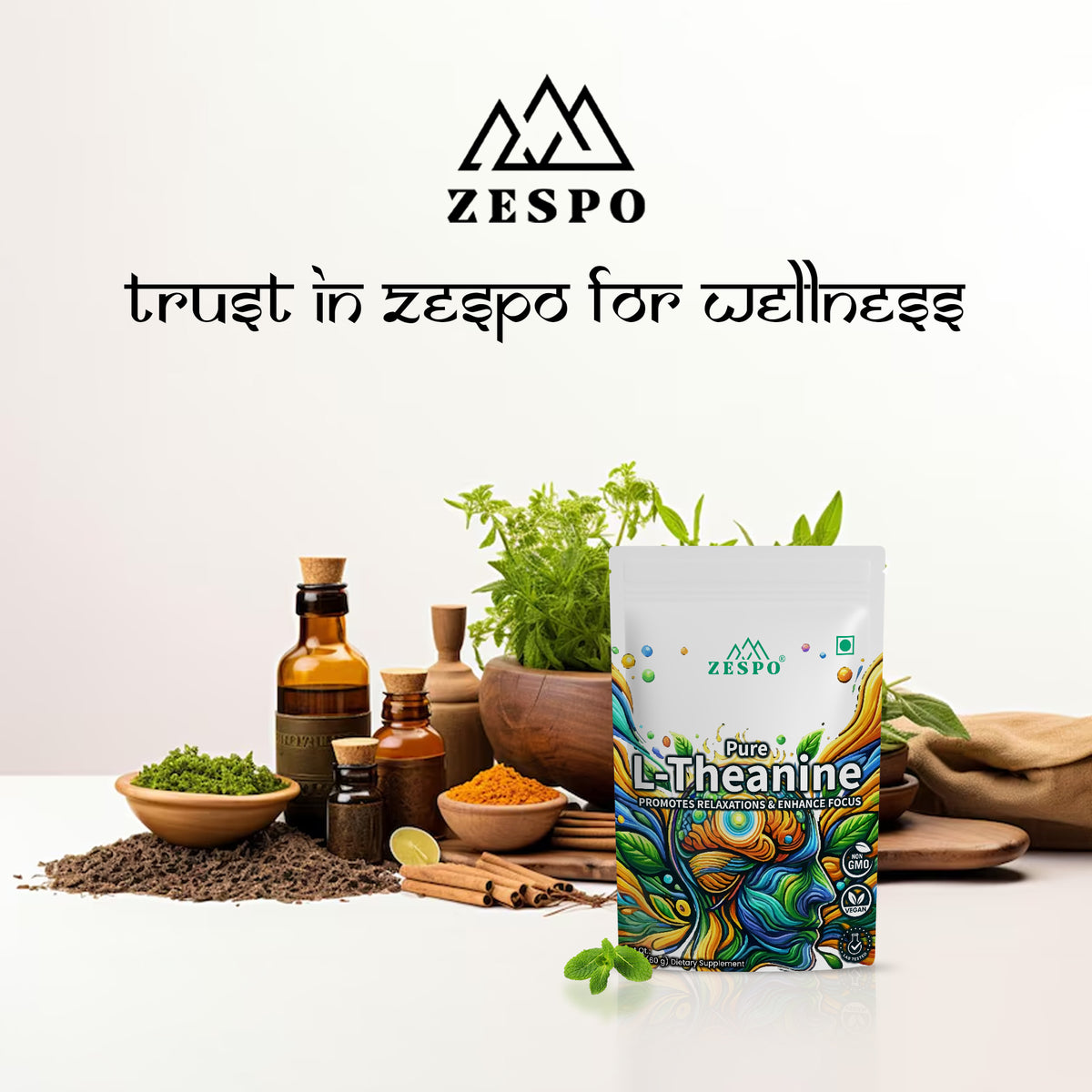 Zespo Pure L-Theanine Powder 250 mg Per Scoop – Calm Focus, Stress Relief, Relaxation & Sleep Support – Vegan Green Tea Amino Acid – 60 g