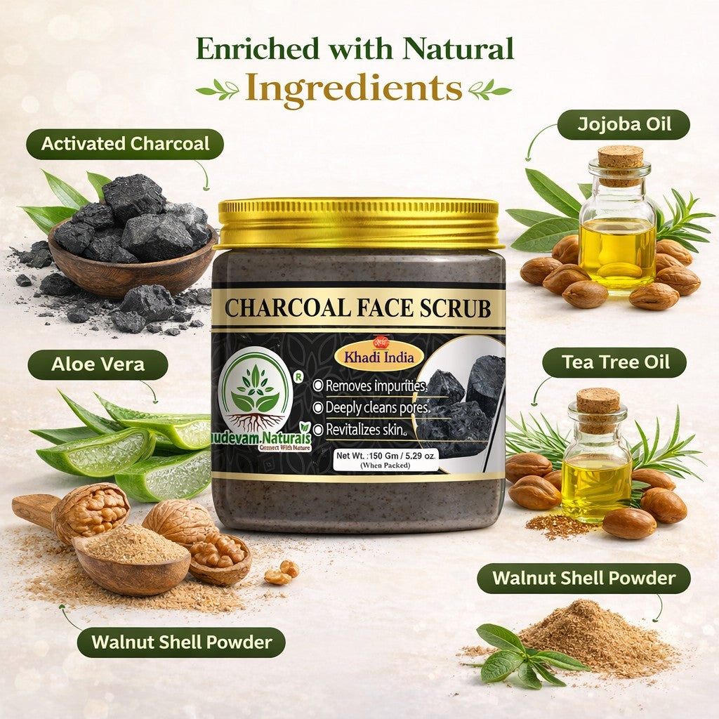 Bhudevam Naturals Khadi Charcoal Face Scrub for Blackheads, Acne, Oil Control, Deep Cleansing & Skin Detox Exfoliation- 150GM