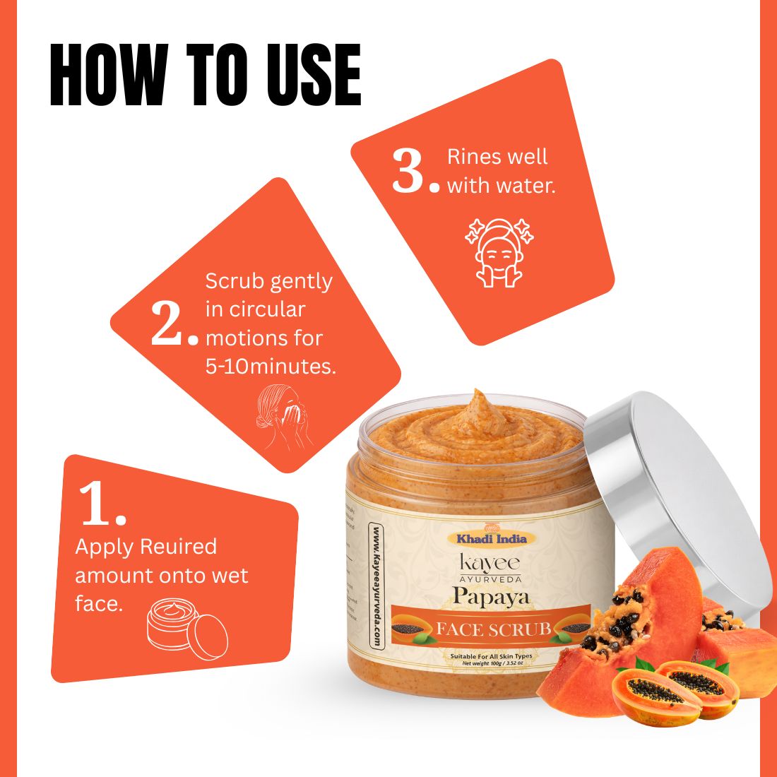 Kayee Ayurveda Papaya Herbal Face Scrub | Papaya Facial Exfoliator for Deep Cleansing, Skin Polishing & Removing Dull Surface Buildup | Helps Improve the Appearance of Uneven & Dull-Looking Skin | Suitable for Regular Skincare
