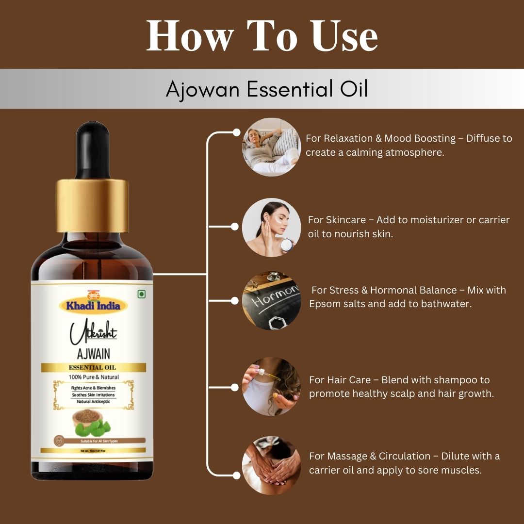 Khadi Ajwain Essential Oil | Pure & Natural Ajwain Oil for Body & Wellness Care | Herbal Essential Oil for Digestive Wellness, Massage & Relaxation | Aromatherapy Oil | 15 ml
