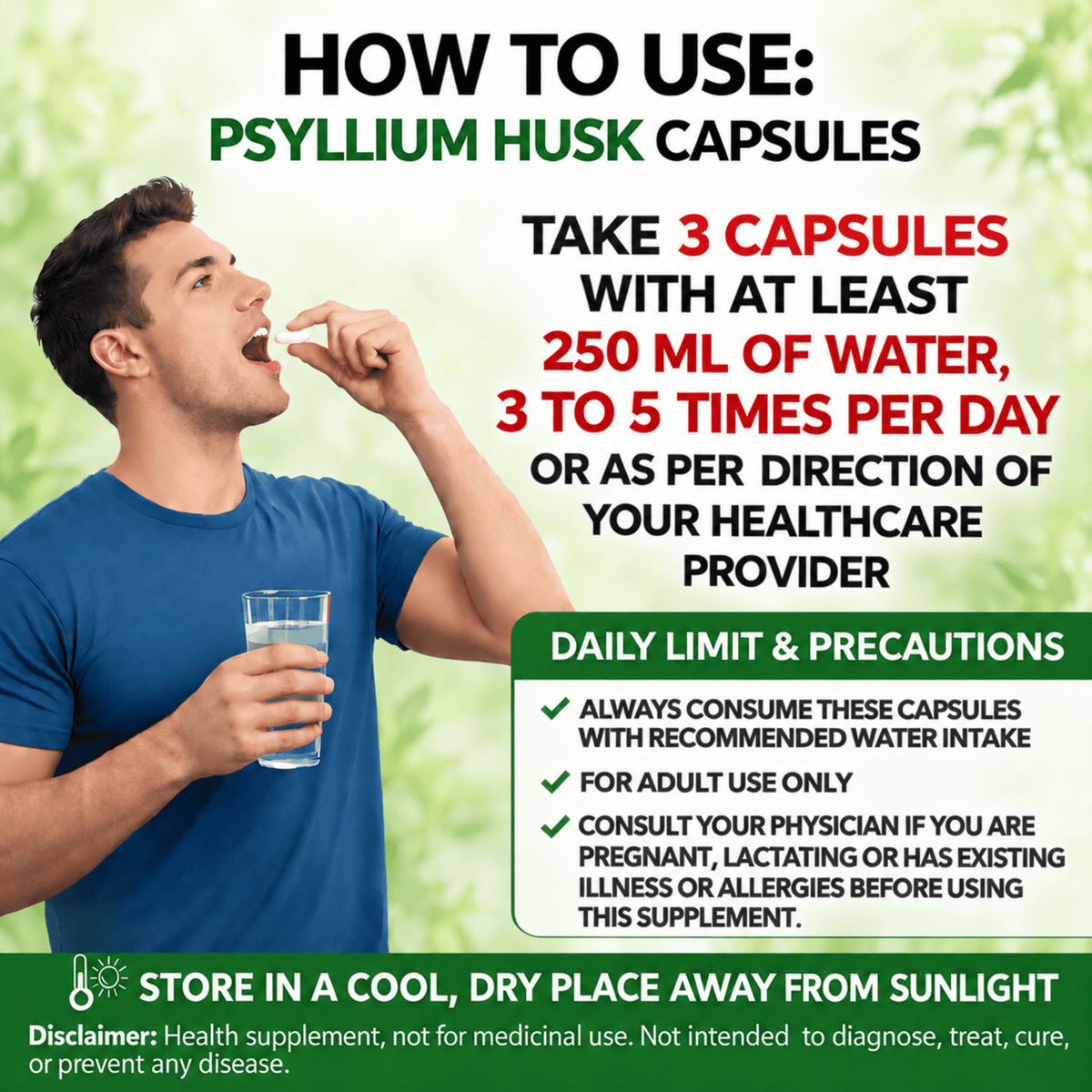 Psyllium Husk Capsules 500mg | Isabgol Fiber Supplement | 100 Veg Capsules