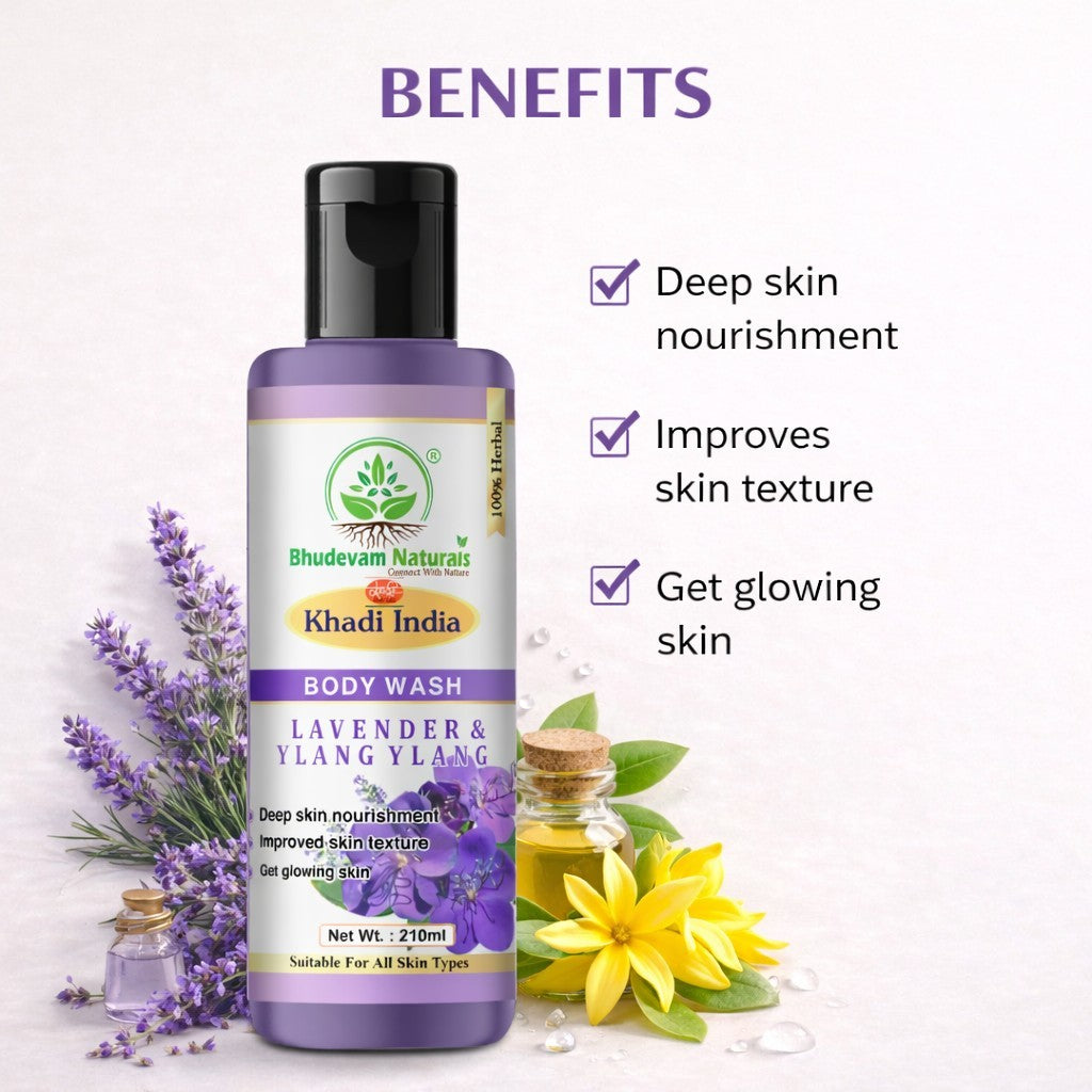Bhudevam Naturals Khadi Lavender Ylang Ylang Body Wash, Soothing & Relaxing Skin Cleanser- 210ML