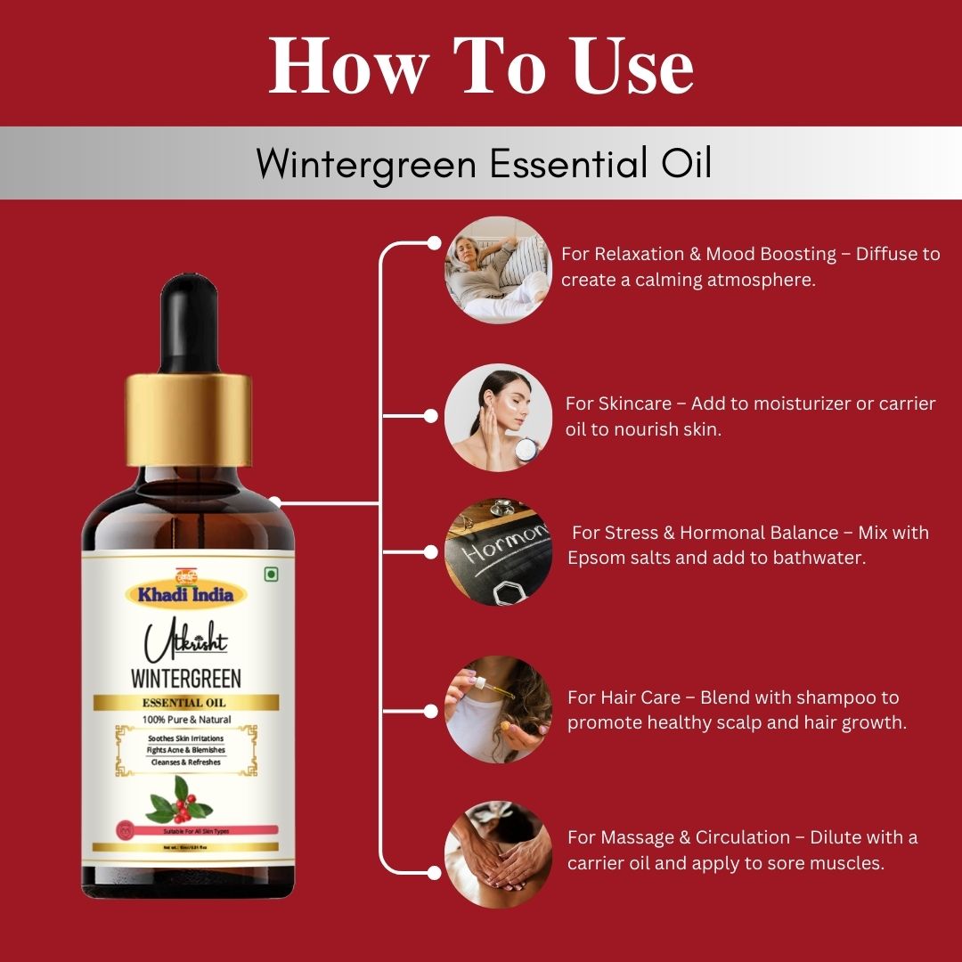 Khadi Wintergreen Essential Oil | Pure & Natural Wintergreen Oil for Body & Muscle Care | Warming Essential Oil for Massage, Joint & Muscle Wellness | Aromatherapy Oil | 15 ml