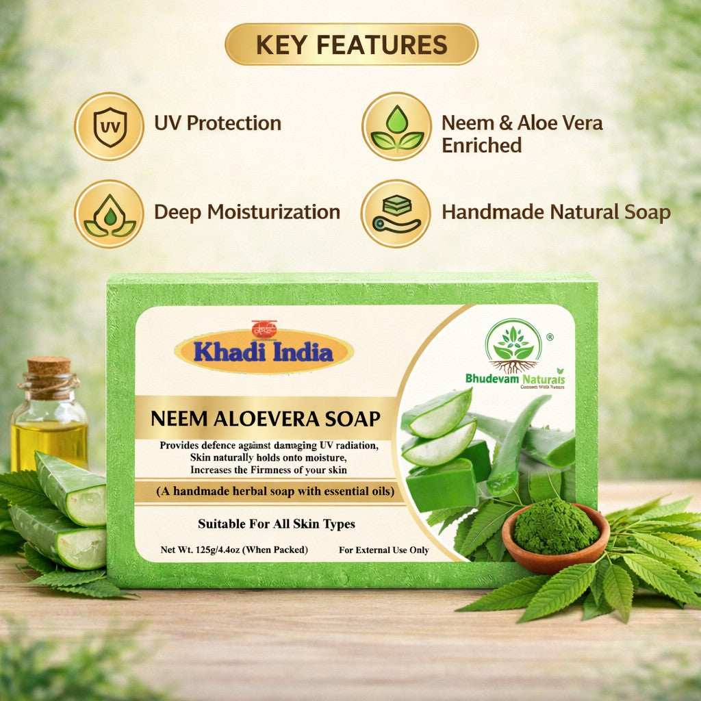 Bhudevam Naturals Khadi Handmade Neem Aloe Vera Soap – Anti-Acne & Skin Soothing Bath Soap- 500GM (Pack of 4)