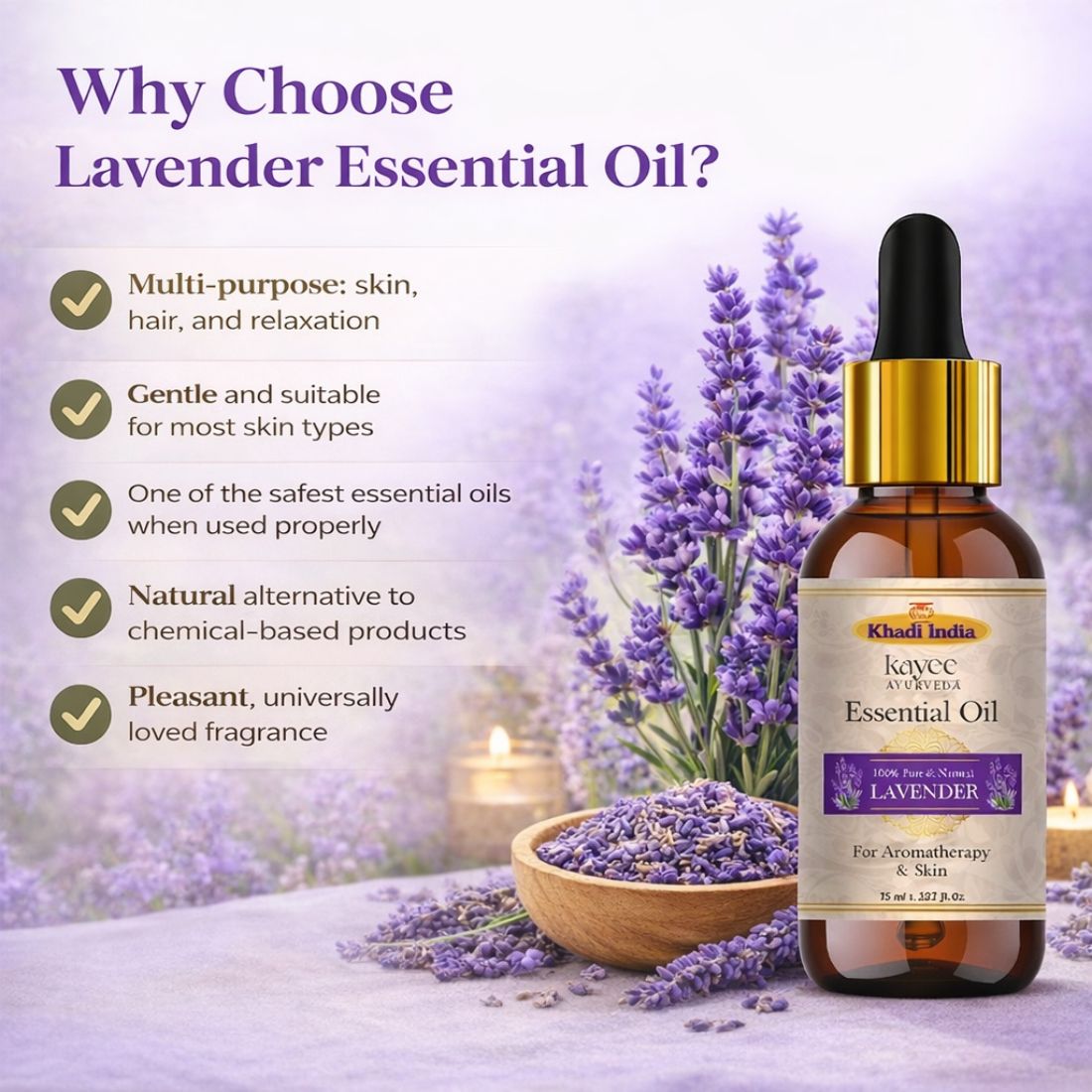 Kayee Ayurveda Lavender Essential Oil for Aromatherapy, Diffuser & Massage | Pure Lavender Aroma Oil for Relaxation, Meditation, Spa & Home Fragrance | Floral Essential Oil for Skincare, Hair Care & Personal Wellness | 15 ml