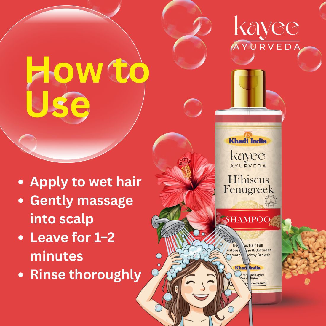 Kayee Ayurveda Hibiscus Fenugreek Shampoo for Hair Growth & Hair Fall Care | Herbal Shampoo with Hibiscus & Fenugreek for Scalp Cleansing, Hair Nourishment, Strength, Smoothness & Natural Shine | 210 ml