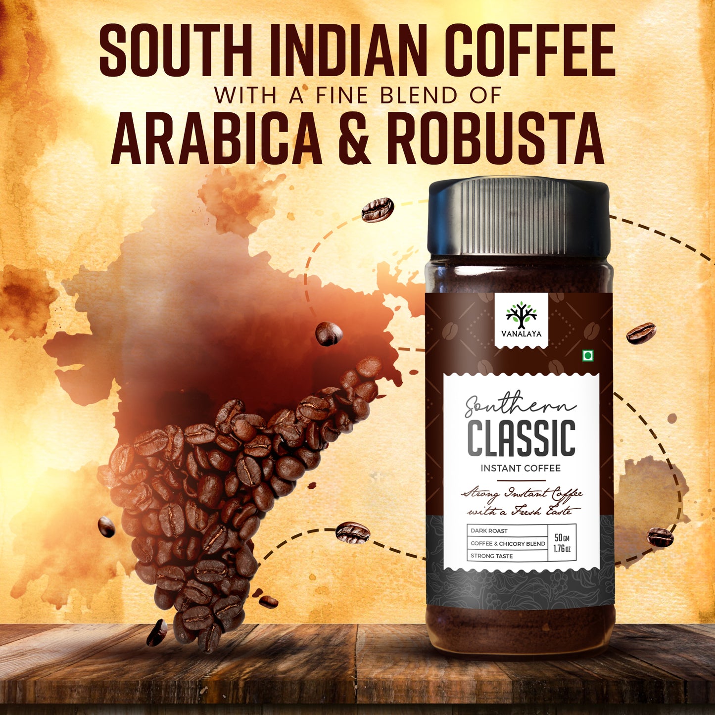 Vanalaya Southern Classic Instant Coffee 70% Arabica & 30% chicory Coffee - 50gm