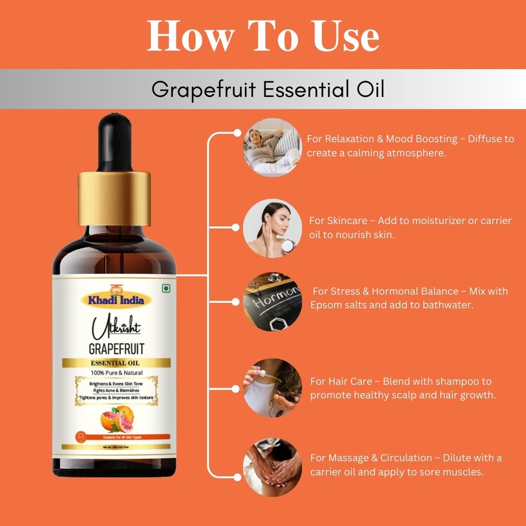 Khadi Grapefruit Essential Oil | Pure & Natural Grapefruit Oil for Face & Skin Care | Essential Oil for Oily & Acne-Prone Skin | Brightening & Refreshing Aromatherapy Oil | 15 ml