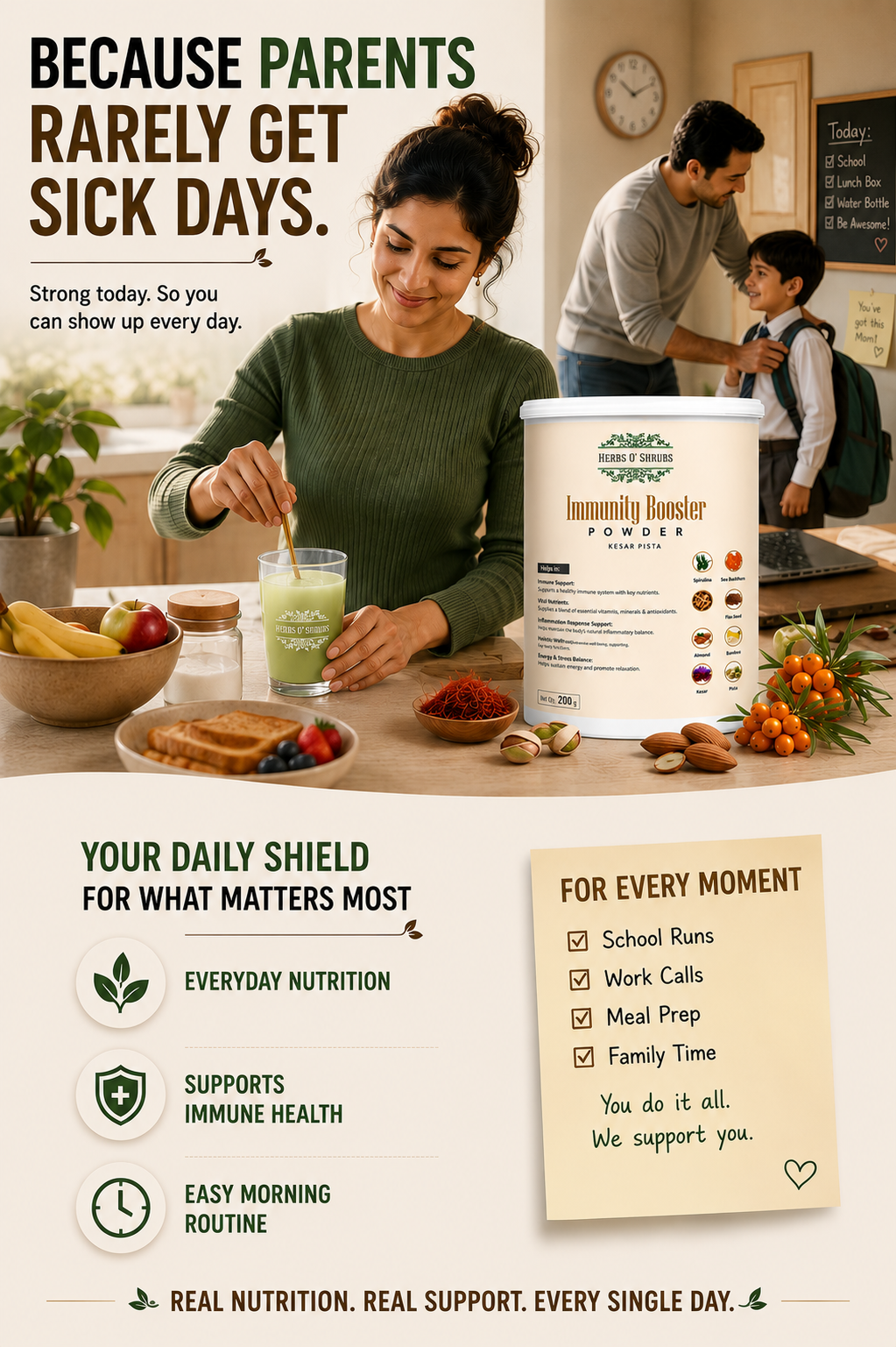 Herbs O’ Shrubs Immunity Booster Powder | Kesar Pista Flavour | Nutrition Powder | Ayurvedic Vitality Blend with Ashwagandha, Sea Buckthorn & Blue Green Algae | Vegan & Daily Immune Support,  200g