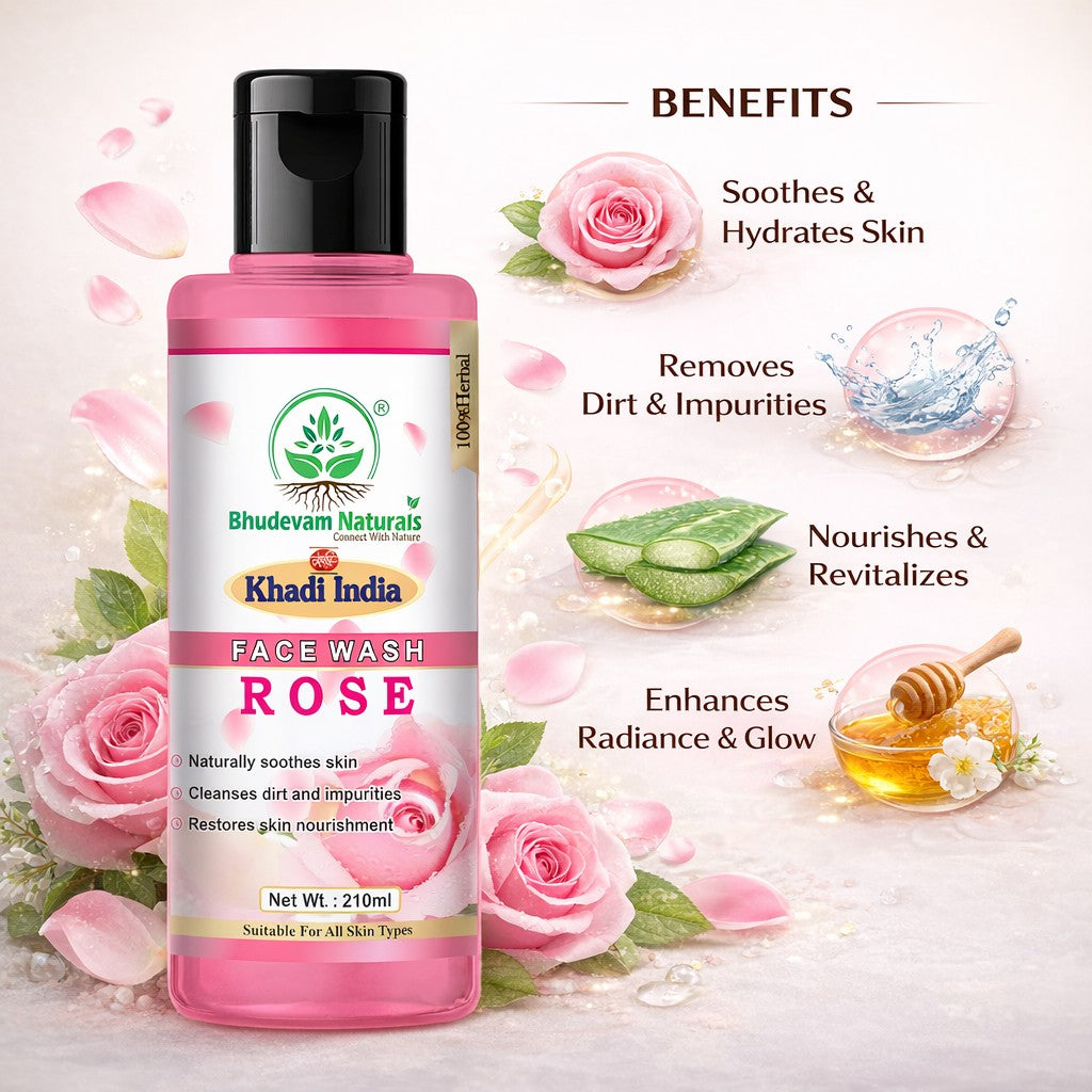 Bhudevam Naturals Khadi Rose Face Wash Gentle Herbal Face Cleanser for Soft & Glowing Skin- 420ML (Pack of 2)