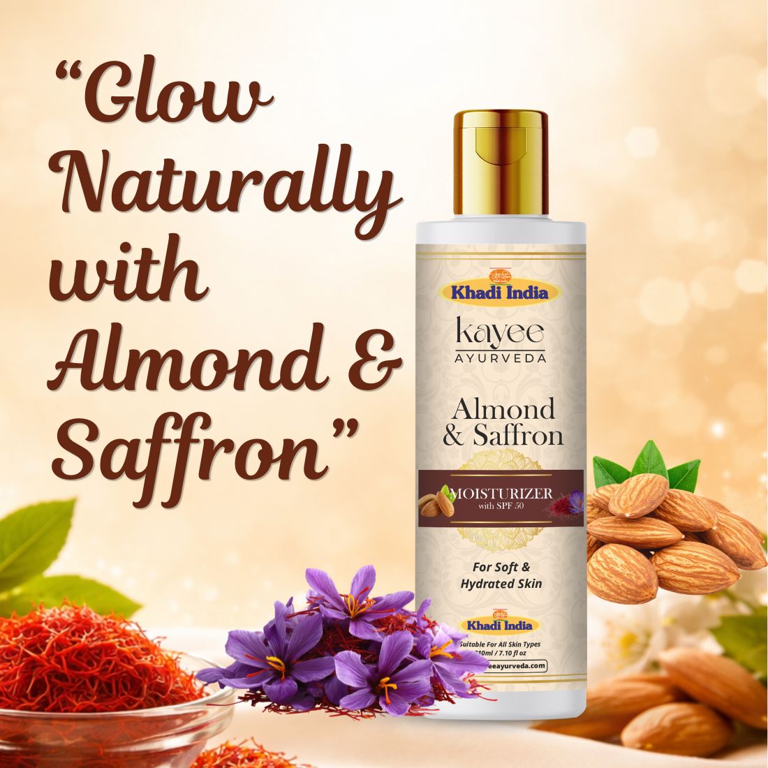 Kayee Ayurveda Almond Saffron Face Moisturizer, Nourishing Daily Facial Cream for Dry & Normal Skin, Helps Moisturize and Improve the Appearance of Dullness & Uneven Skin Tone, Women & Men | 210 ml