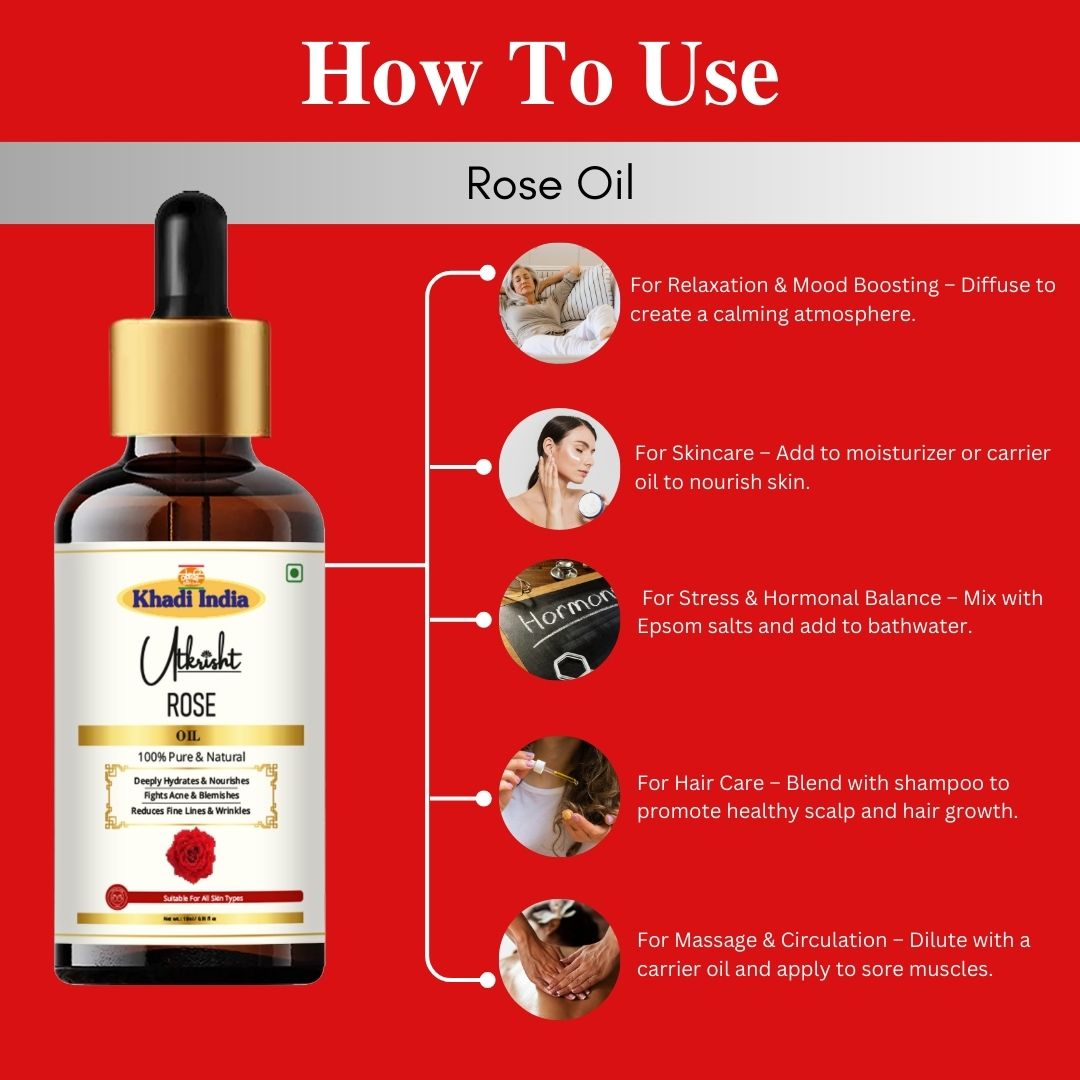 Khadi Rose Essential Oil | Pure & Natural Rose Oil for Face & Skin Care | Floral Essential Oil for Hydration, Brightening & Glowing-Looking Skin | Aromatherapy & Relaxation | 15 ml