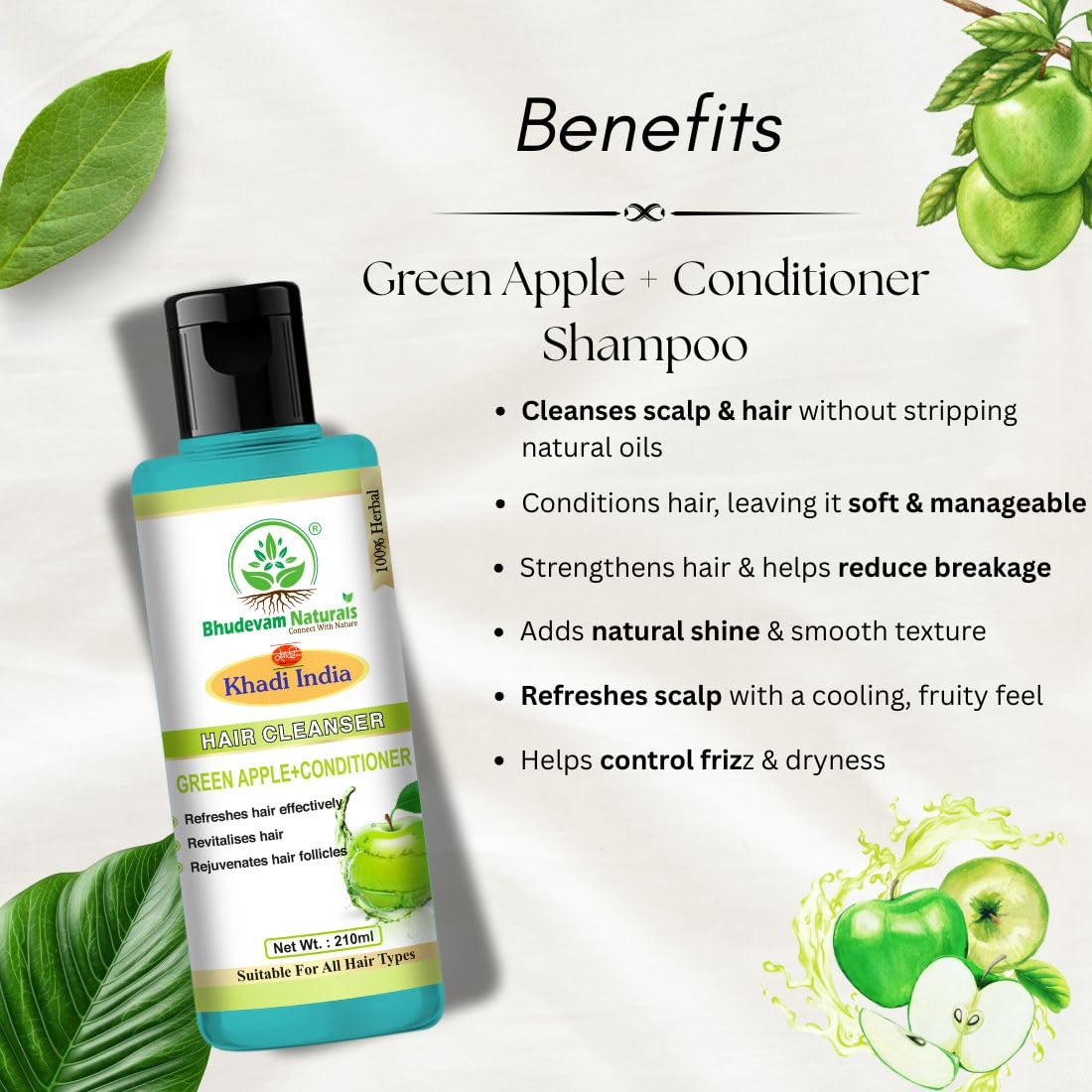 Bhudevam Naturals Khadi Green Apple Hair Shampoo + Conditioner for Soft, Silky & Frizz-Free Hair- 420ML (Pack of 2)