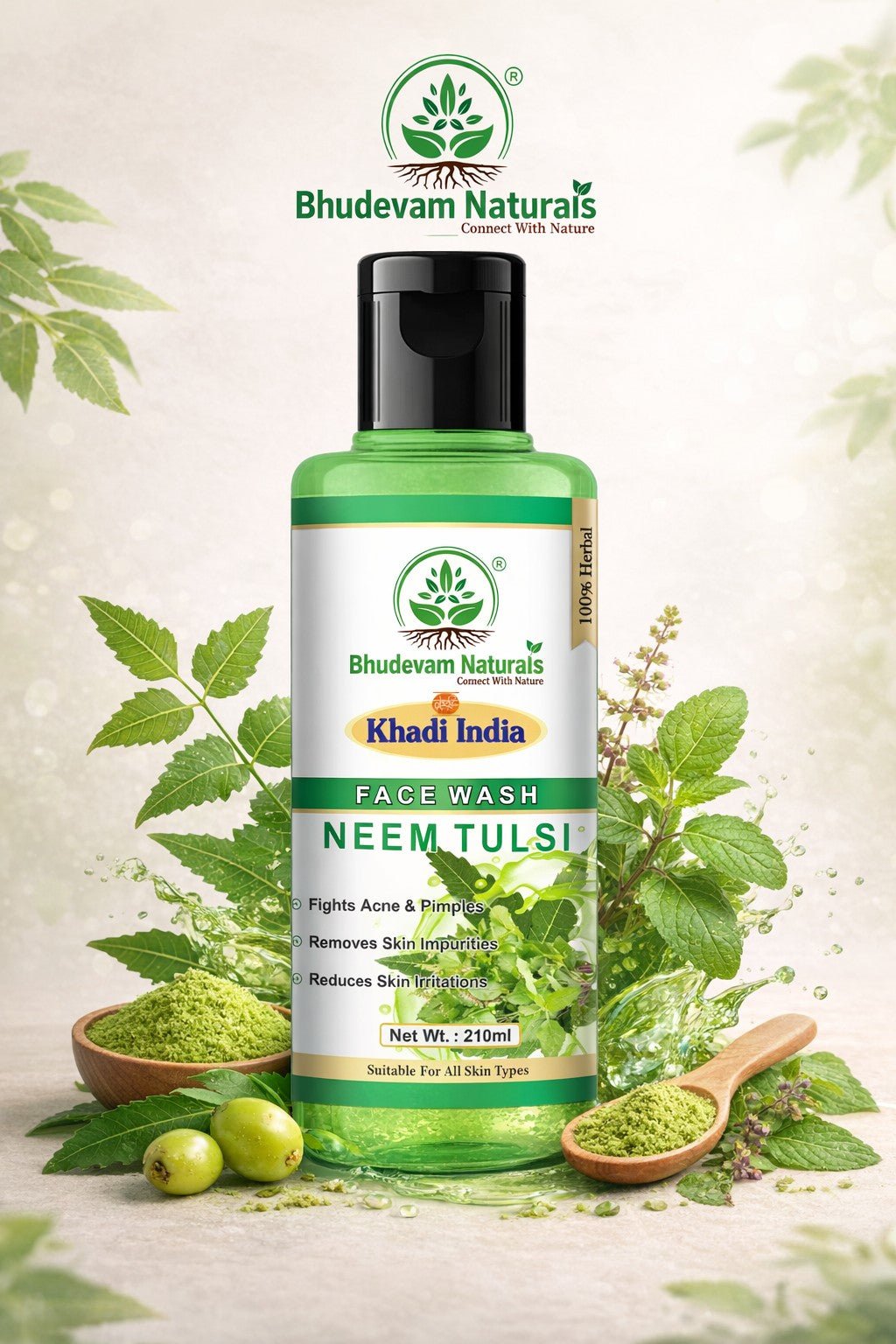 Bhudevam Naturals Khadi Neem Tulsi Face Wash for Oily & Acne-Prone Skin - 420ML (Pack of 2)