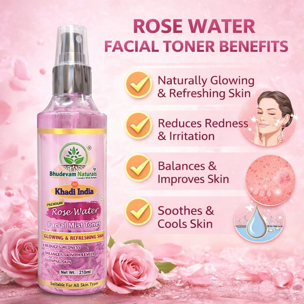 Bhudevam Naturals Khadi Pure Rose Water Mist Toner for Instant Glow, Refresh & Oil Control- 420ML (Pack of 2)