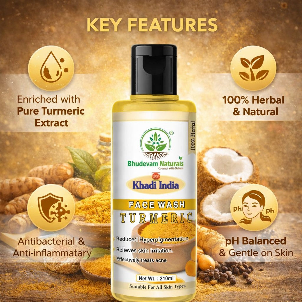 Bhudevam Naturals Khadi Turmeric Face Wash – Fights Acne, Reduces Pimples & Adds Radiance- 210ML