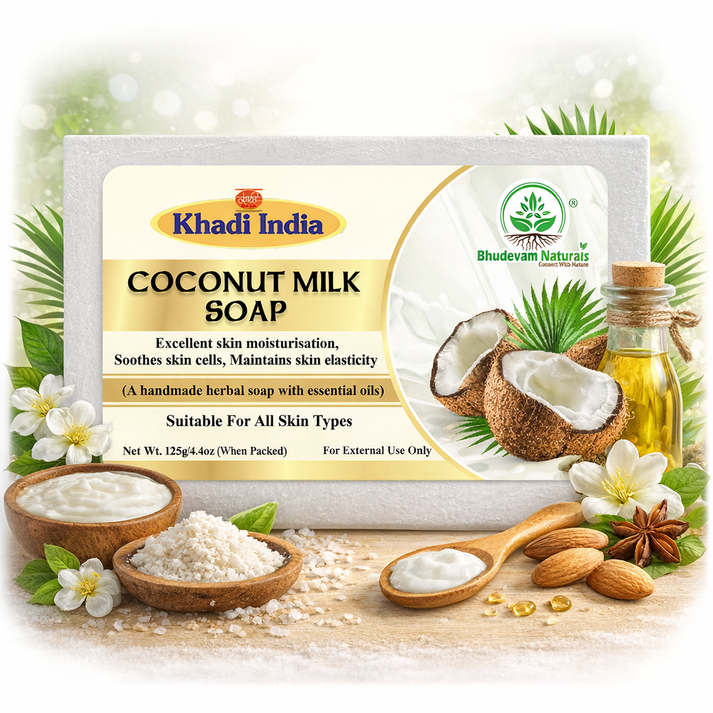 Bhudevam Naturals Khadi Handmade Coconut Milk Bath Soap for Dry Skin, Deep Nourishment & Glow- 500GM (Pack of 4)