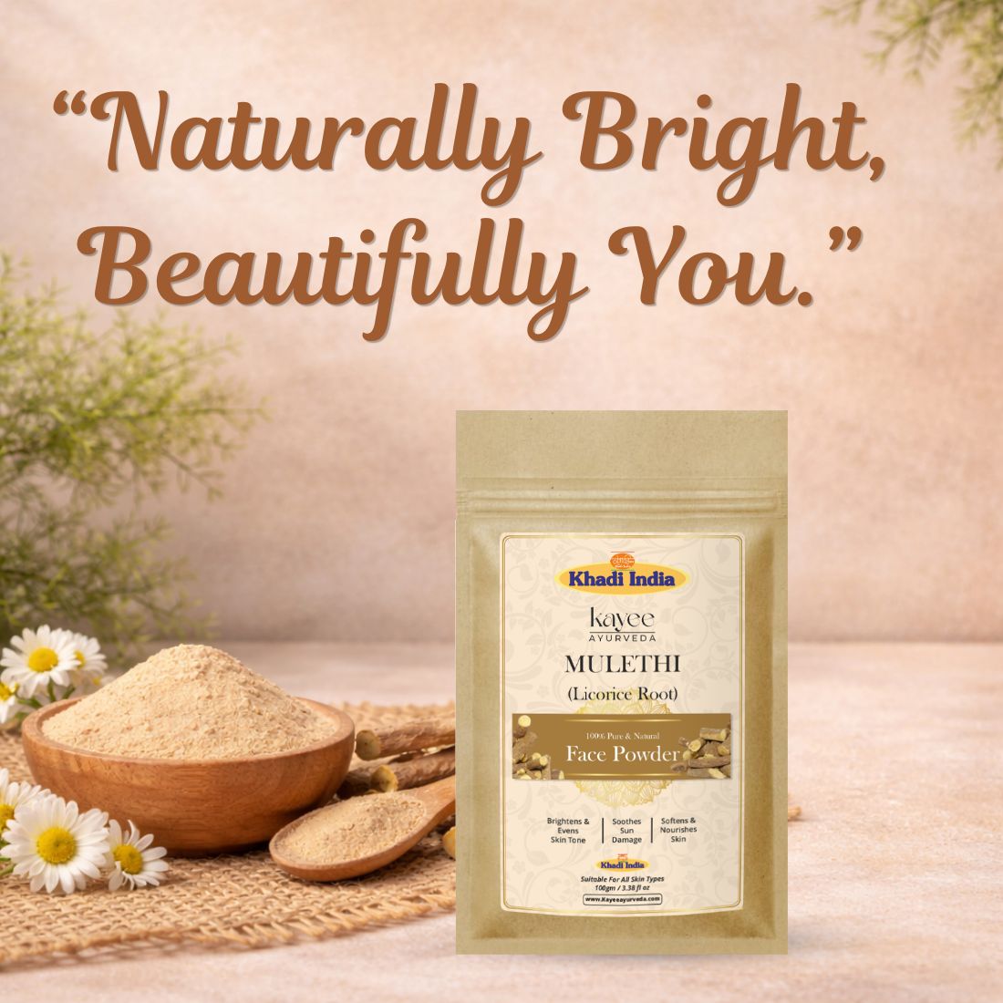 Kayee Ayurveda Mulethi Face Powder for Glowing Skin | Herbal Licorice Powder for Face | Natural Facial Powder for Skin Care | Helps Refresh & Brighten Looking Skin | 100 g