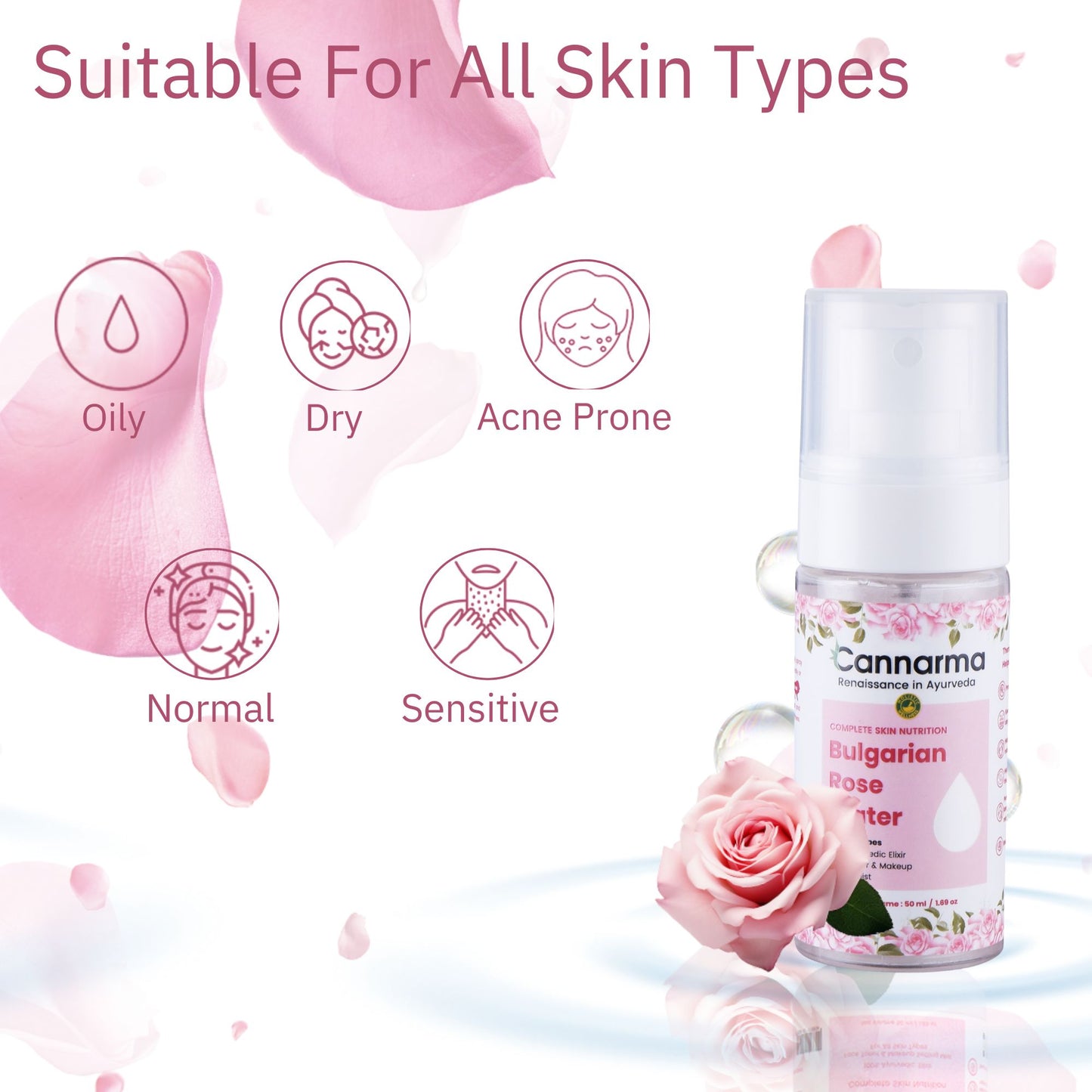 Cannarma Bulgarian Rose Water Complete Skin Nutrition Natural Skin Toner Spray - 50ml