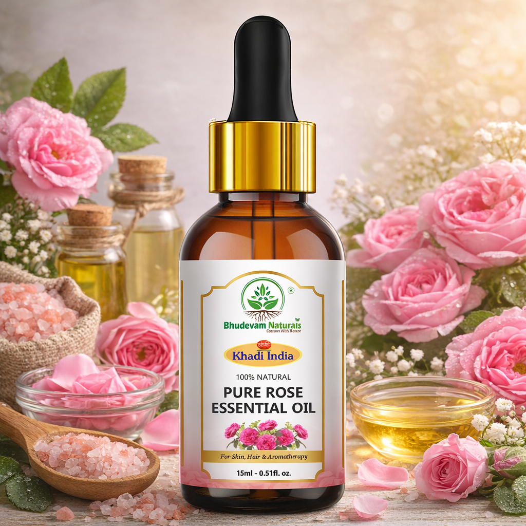 Bhudevam Naturals Khadi Rose Essential Oil for Skin & Hair Care – 100% Pure Natural Steam Distilled Rose Oil for Face, Acne, Aromatherapy, Diffuser - 15ml