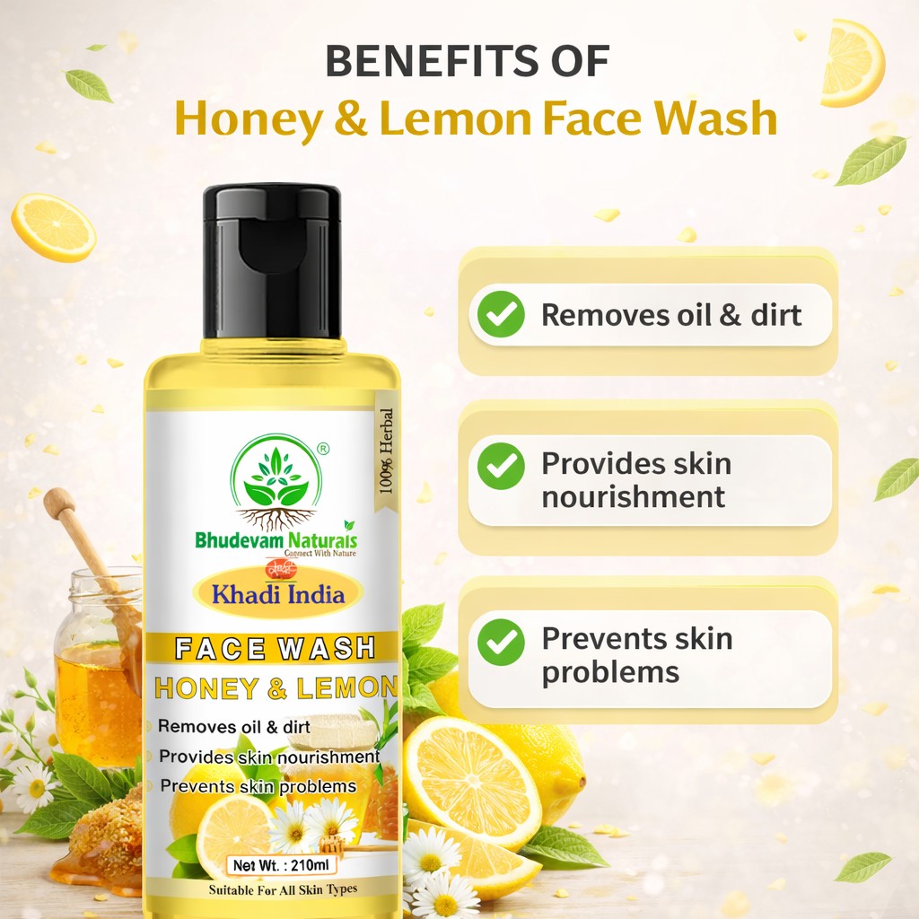 Bhudevam Naturals Khadi Herbal Honey Lemon Face Wash – Removes Dirt, Oil & Impurities Naturally- 420ML (Pack of 2)
