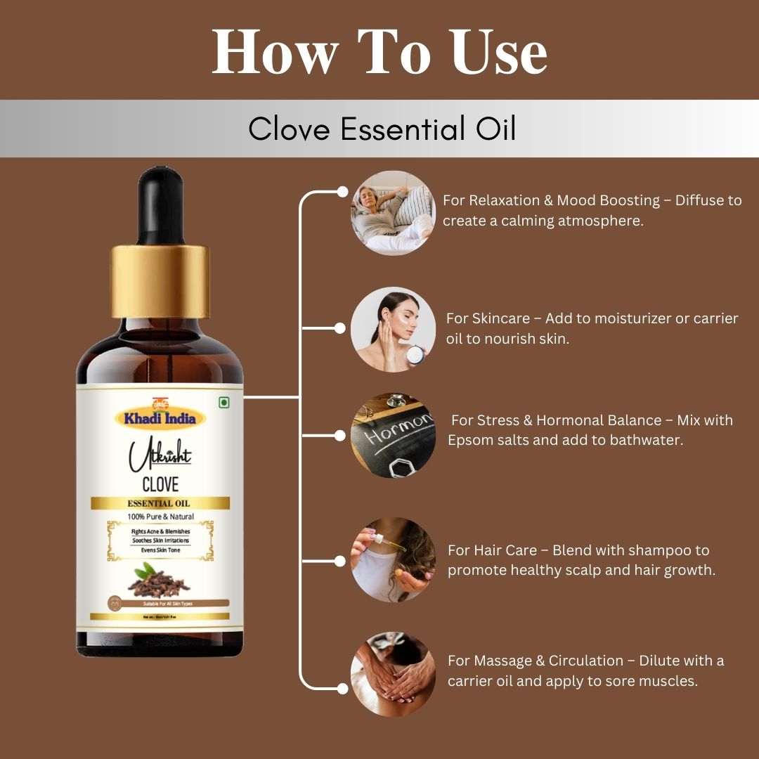 Khadi Clove Essential Oil | Pure & Natural Clove Oil for Body Massage & Aromatherapy | Warming Herbal Essential Oil for Oral Care Routines & Relaxation | 15 ml`