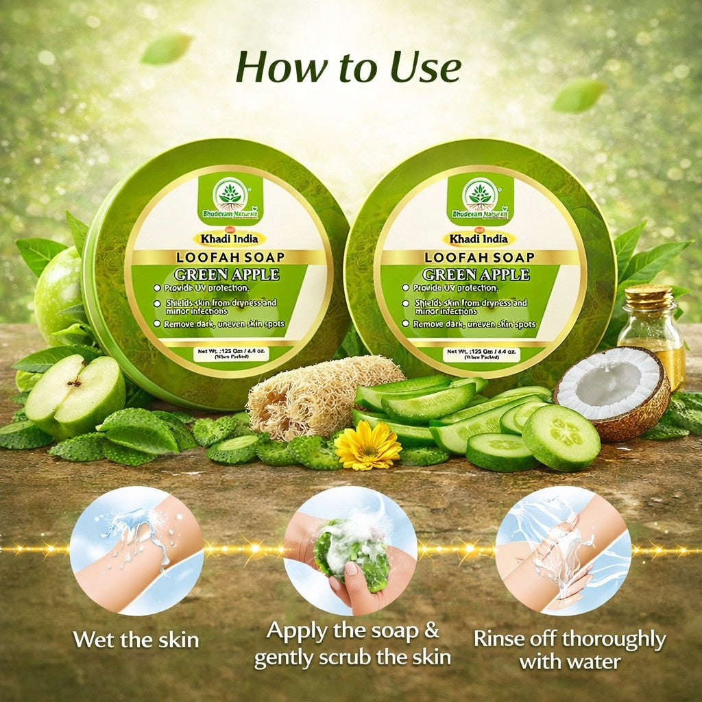 Bhudevam Naturals Khadi Green Apple Loofah Soap – Natural Exfoliating Bath Soap for Fresh & Glowing Skin- 250GM (Pack of 2)