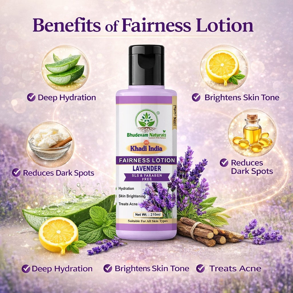 Bhudevam Naturals Khadi Lavender Fairness Lotion for Women & Men – Even Skin Tone & Radiant Glow Moisturizer- 210ML