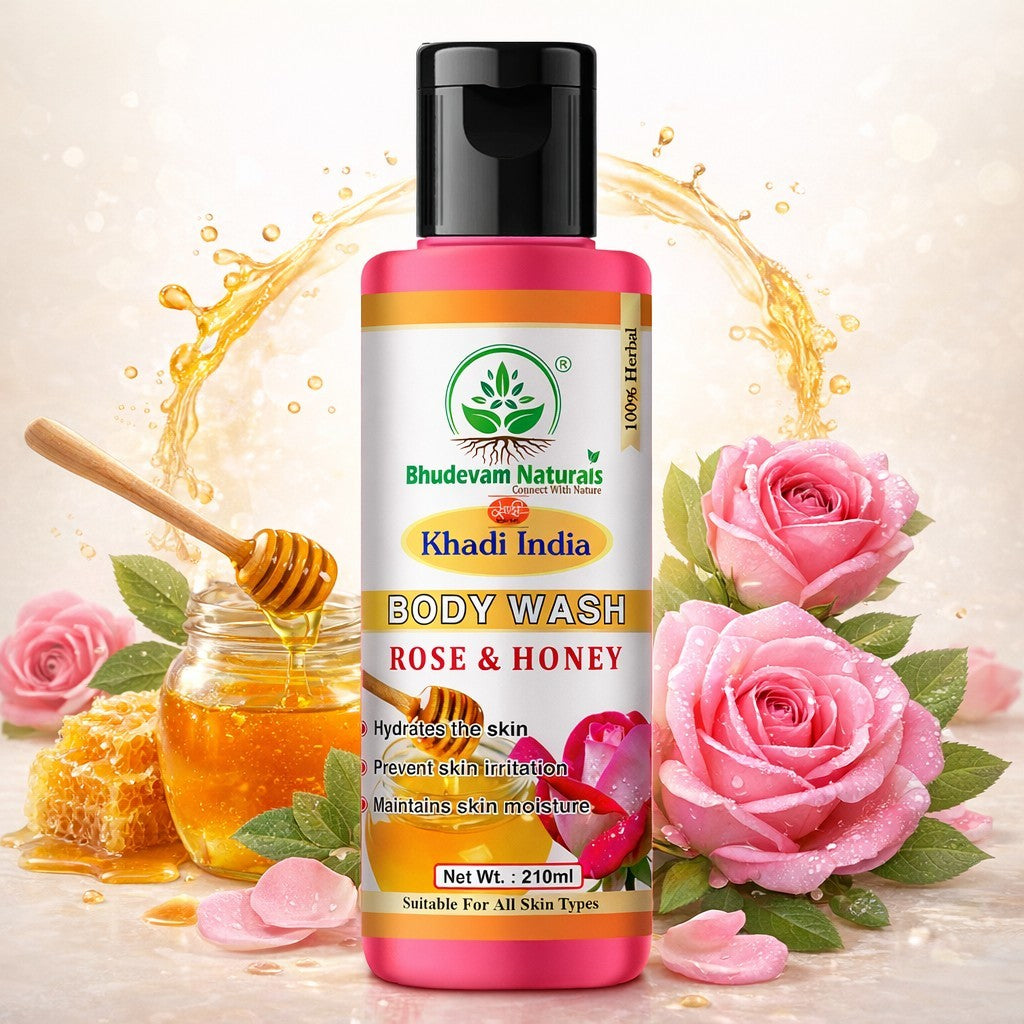 Bhudevam Naturals Khadi Rose & Honey Body Wash, Moisturizing & Nourishing Shower Gel for Soft Glowing Skin-210ML