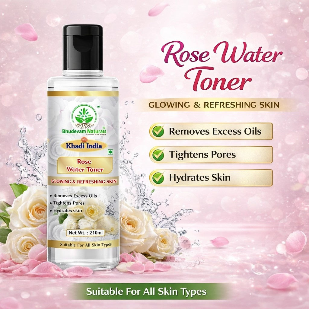 Bhudevam Naturals Khadi Rose Water Skin Toner for Glowing Skin, Hydration & Pore Tightening- 420ML (Pack of 2)