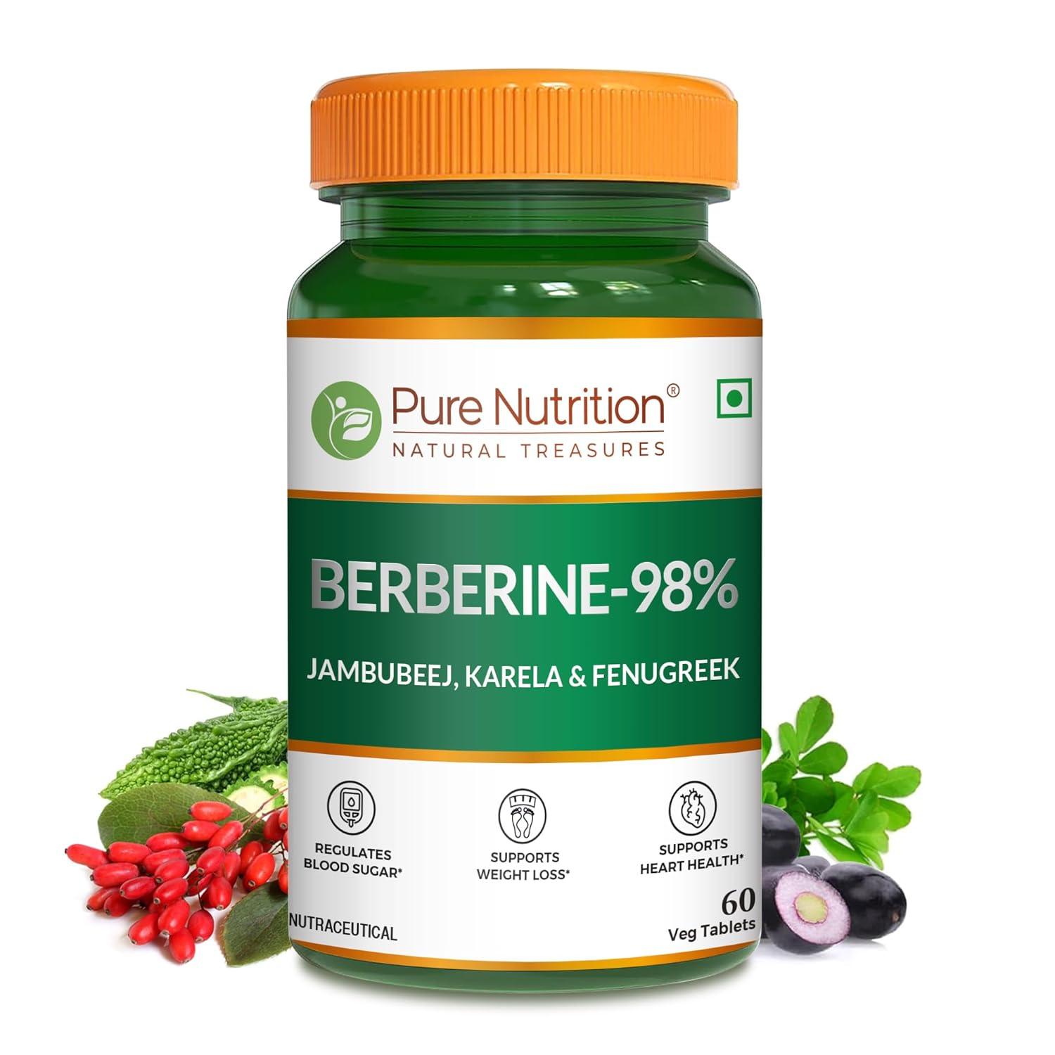 Pure Nutrition 98% Berberine Tablets - 60 Tablets with Jamun Beej, Karela & Fenugreek Extract