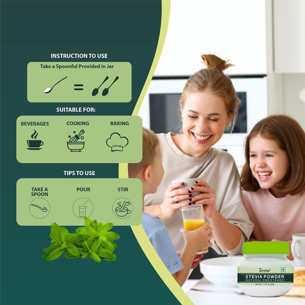 Zindagi Stevia Liquid (FosStevia) & Natural Stevia Powder | 100% Natural Zero-Calorie Sugar-Free Sweetener Combo Pack